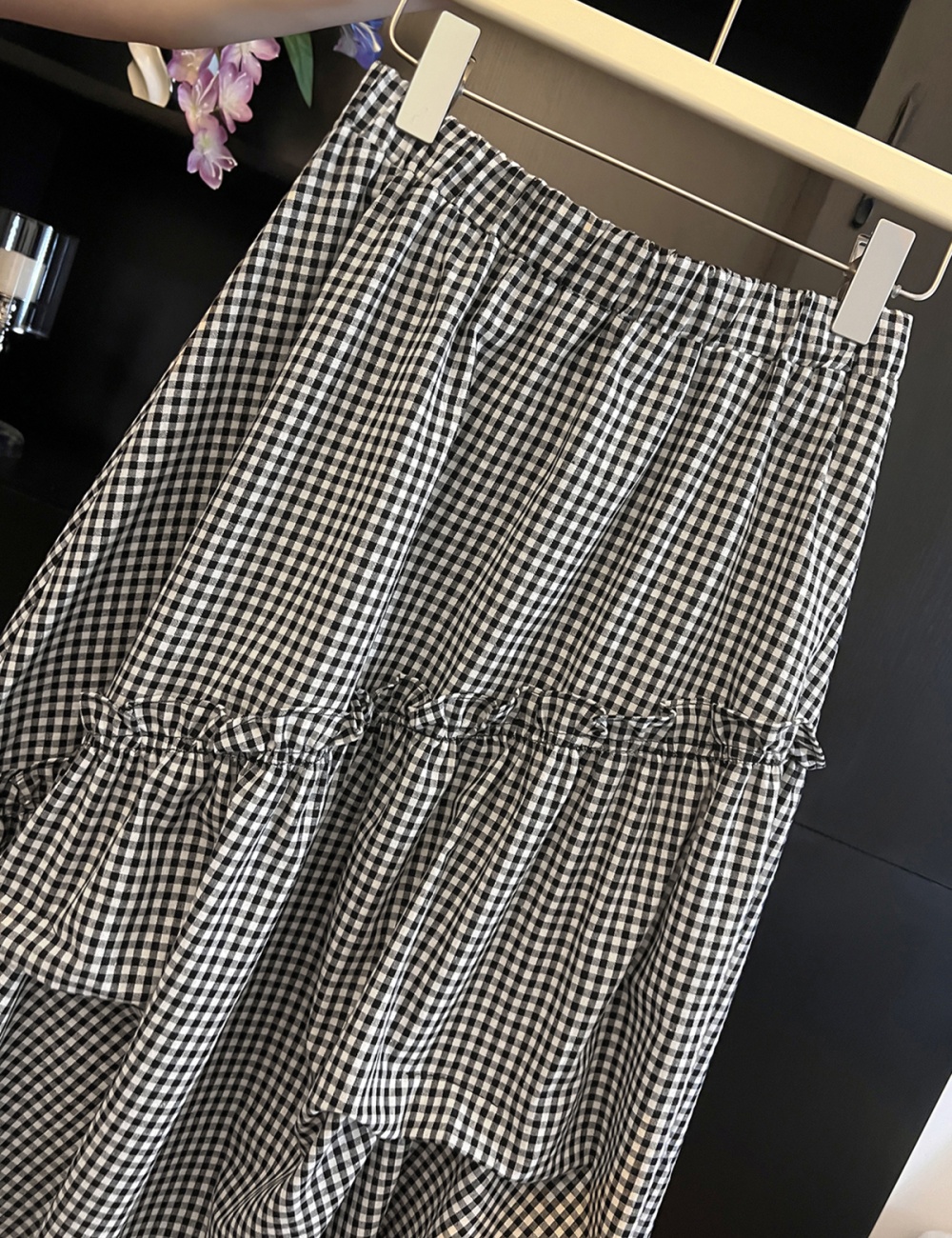 Black-white plaid France style elastic waist irregular A-line skirt