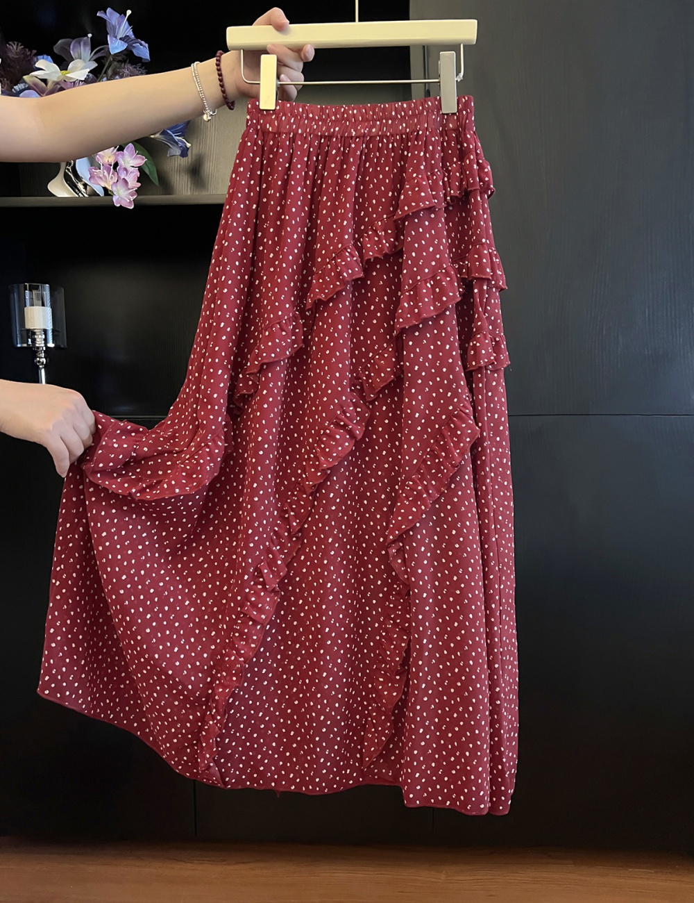Irregular A-line long skirt polka dot skirt for women