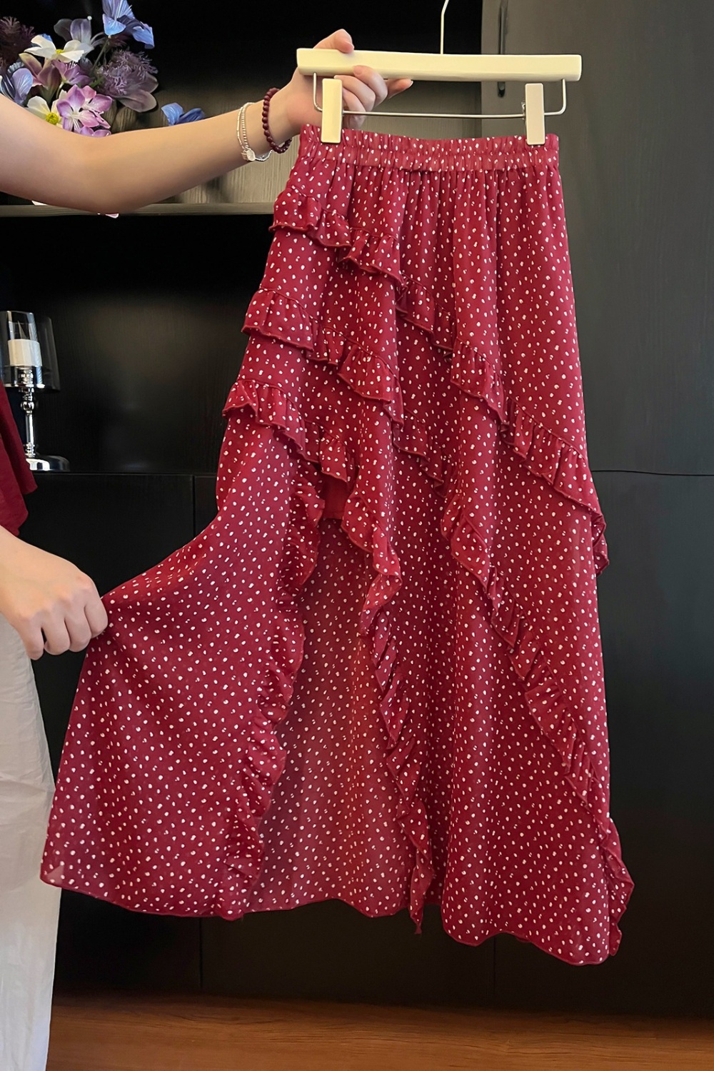 Irregular A-line long skirt polka dot skirt for women