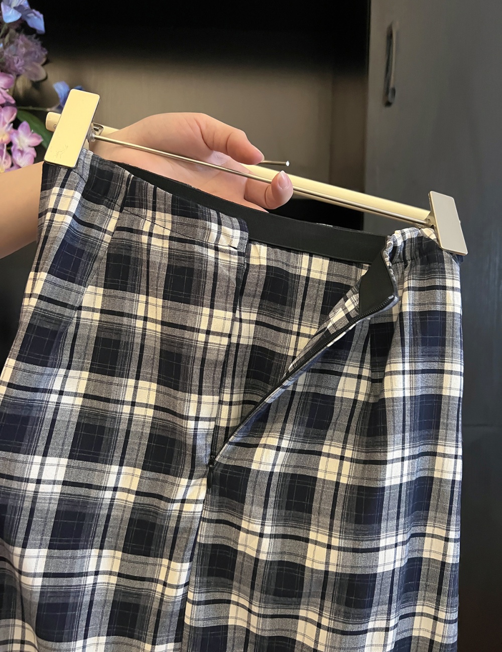 Slim summer black-white long skirt plaid temperament skirt