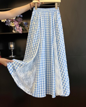 Splice blue grid lace skirt for women