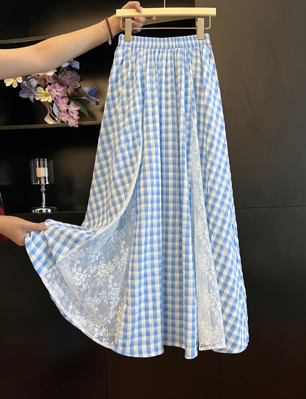 Splice blue grid lace skirt for women
