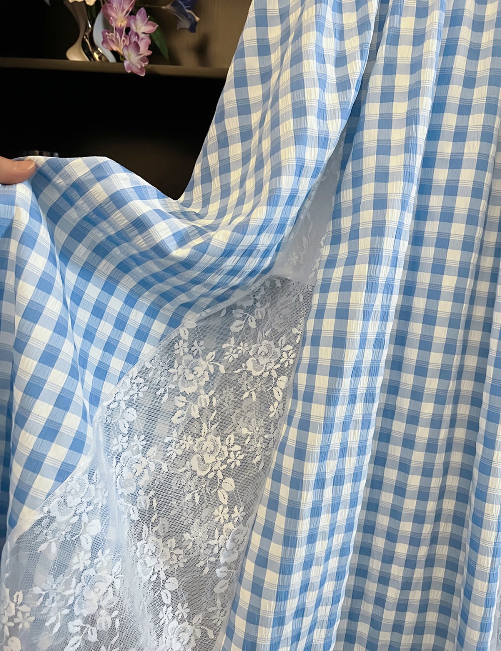 Splice blue grid lace skirt for women