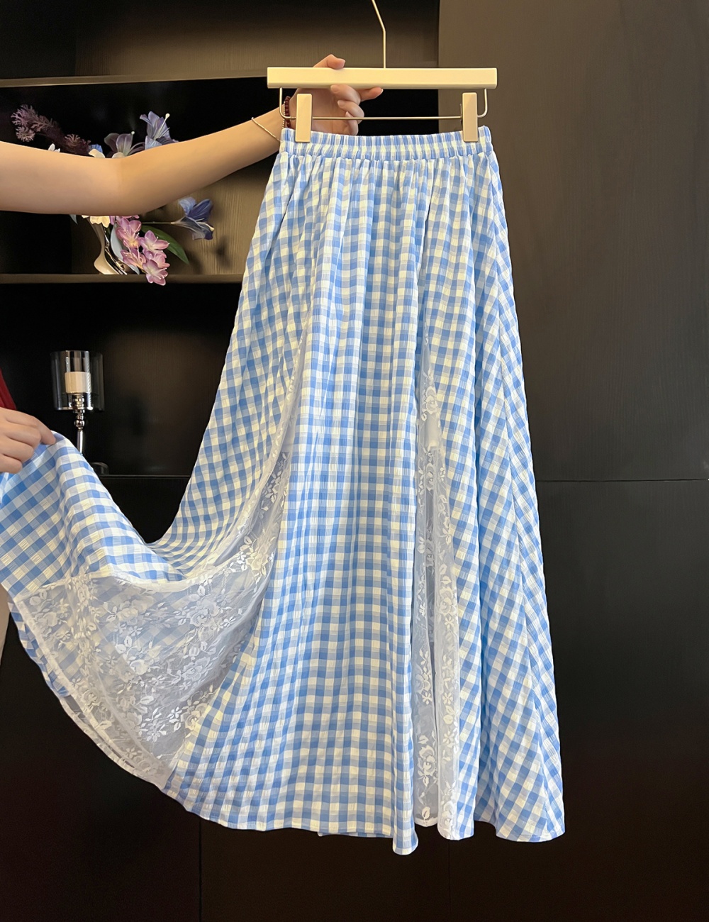 Splice blue grid lace skirt for women
