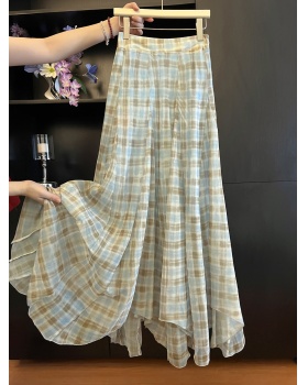 Blue large hem plaid elegant thin light skirt
