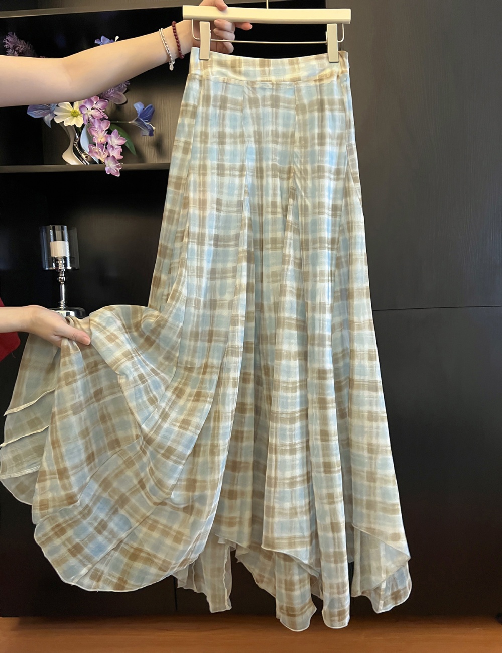 Blue large hem plaid elegant thin light skirt