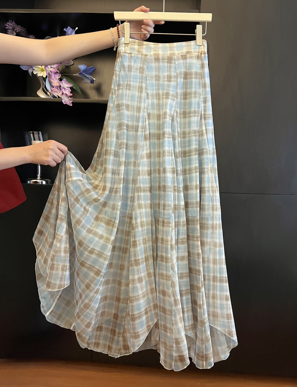 Blue large hem plaid elegant thin light skirt