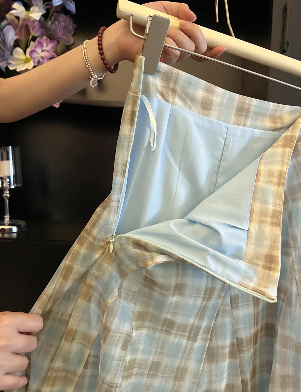 Blue large hem plaid elegant thin light skirt