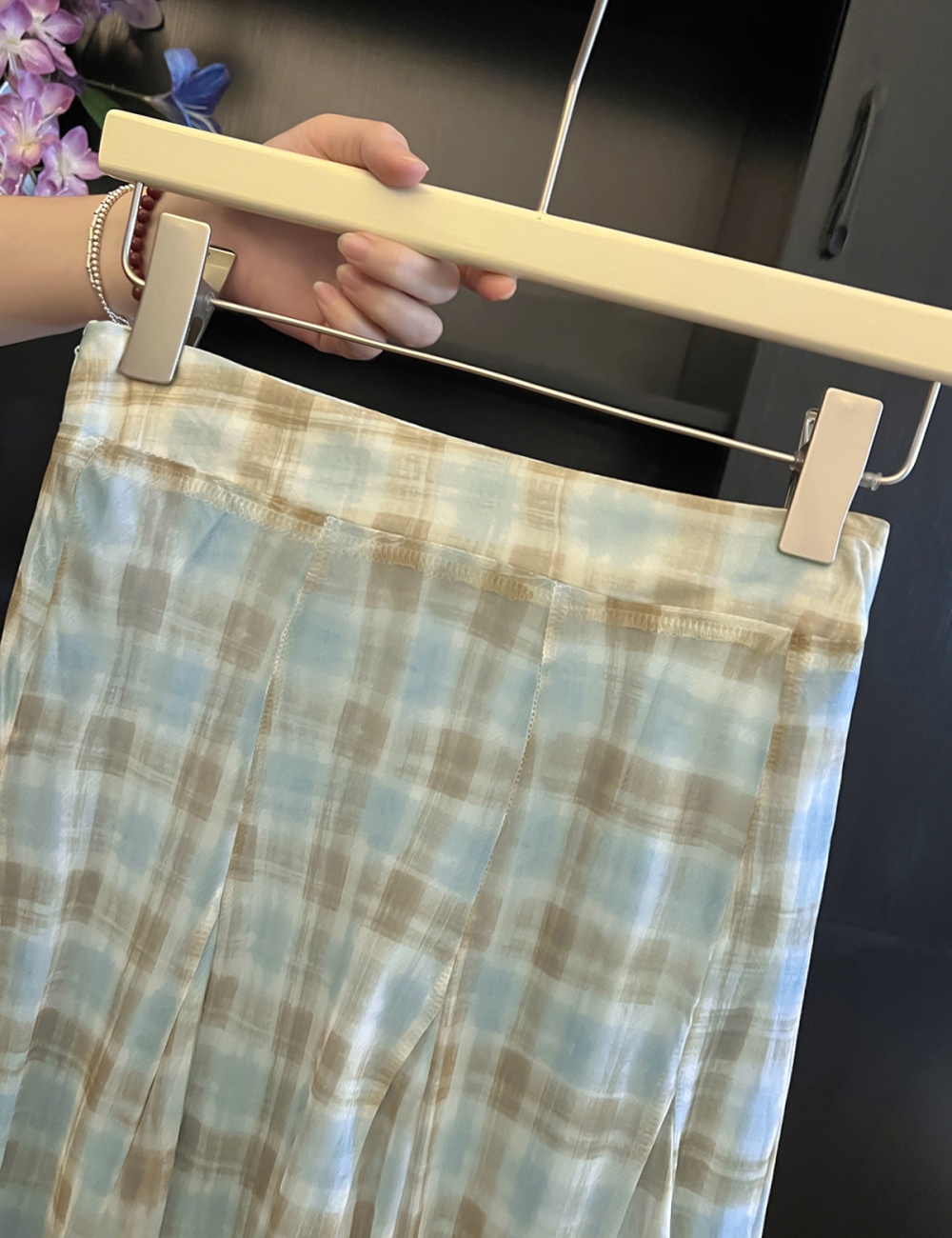 Blue large hem plaid elegant thin light skirt