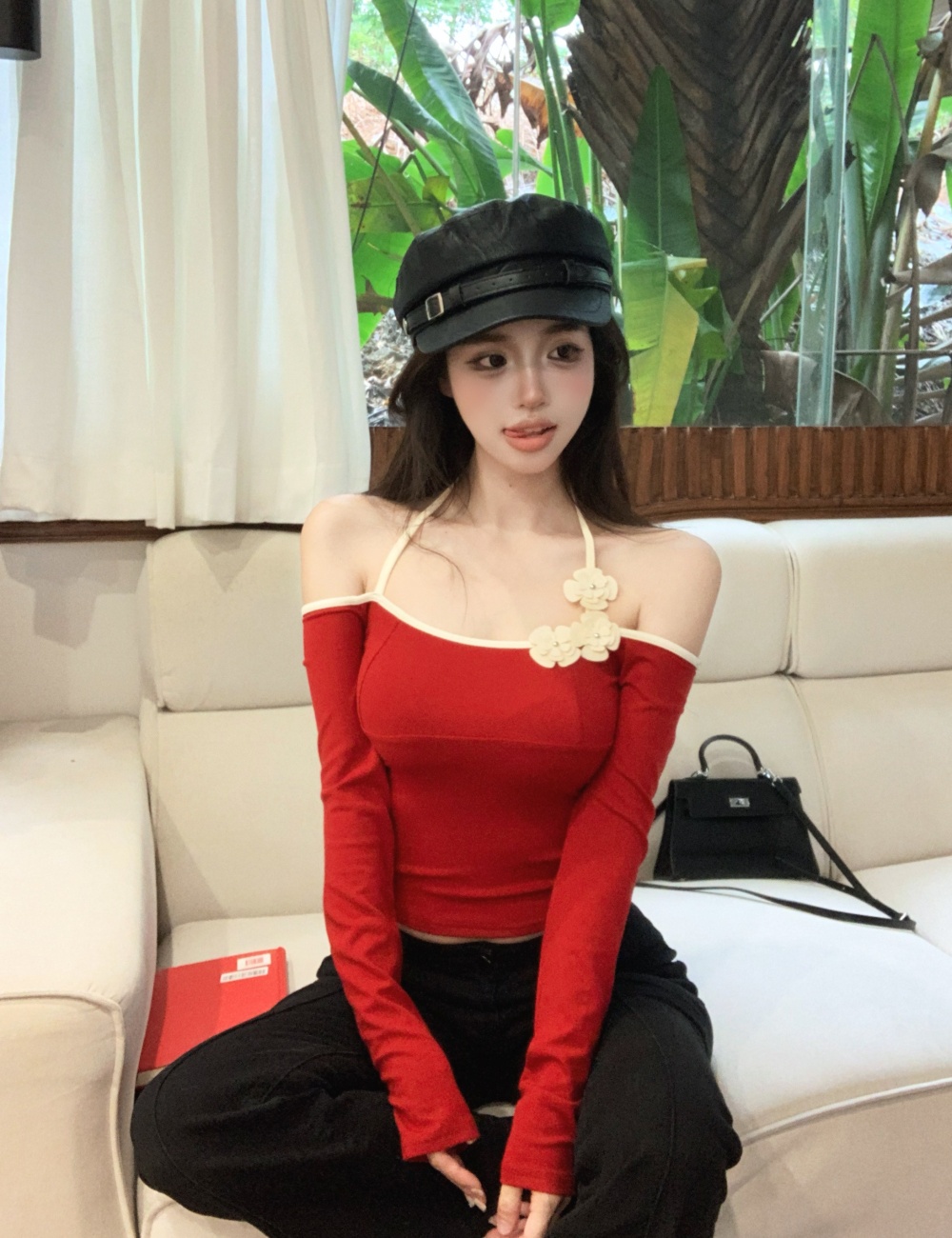 Long sleeve retro flat shoulder flowers slim tops