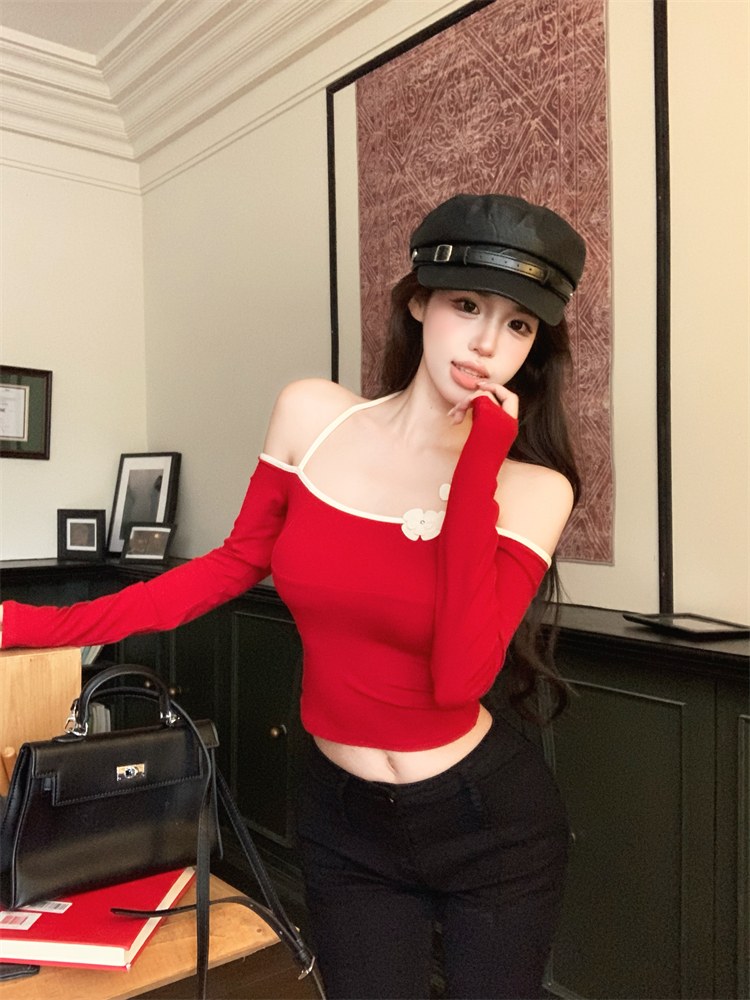 Long sleeve retro flat shoulder flowers slim tops