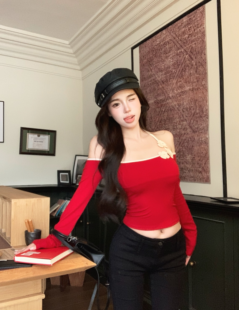 Long sleeve retro flat shoulder flowers slim tops