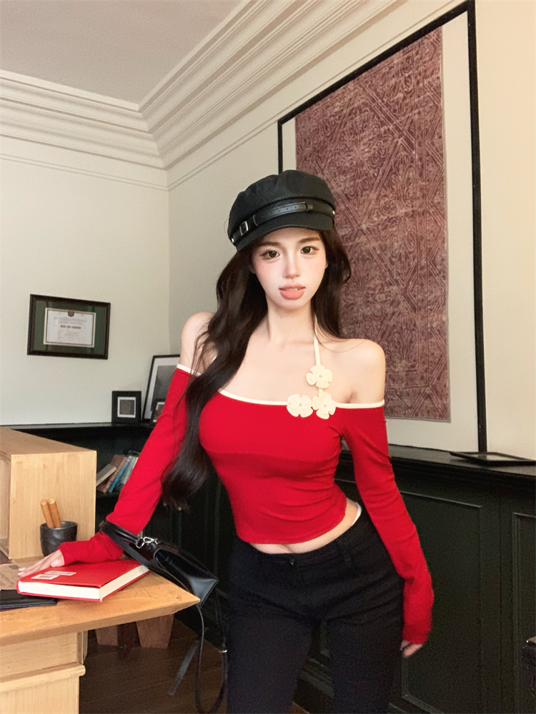 Long sleeve retro flat shoulder flowers slim tops