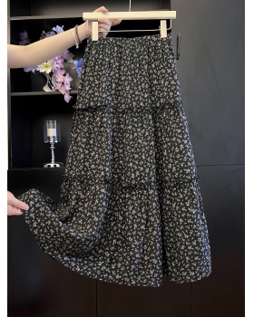 A-line wood ear floral elastic waist long skirt