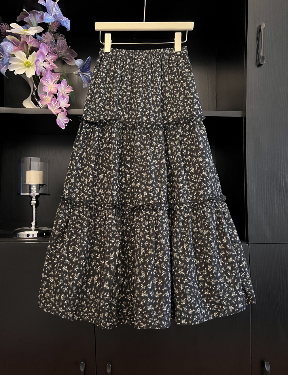 A-line wood ear floral elastic waist long skirt