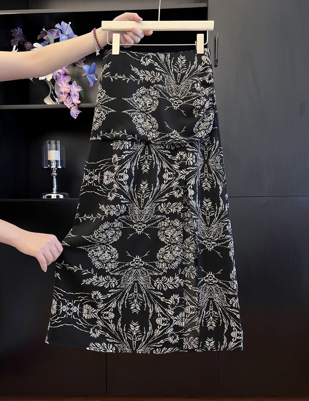 Colors split floral A-line fold skirt