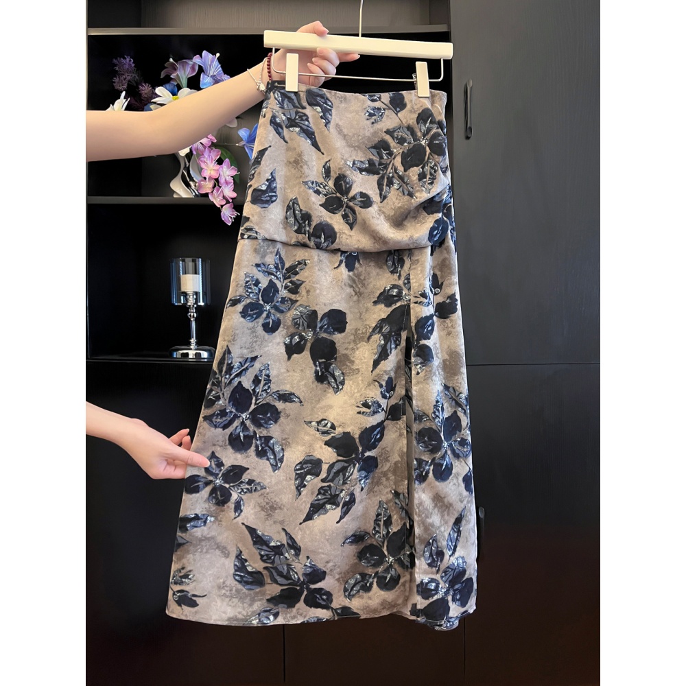 High waist floral summer split fold temperament skirt