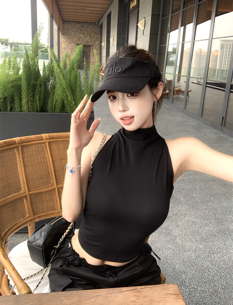 Sleeveless Korean style T-shirt half high collar slim tops