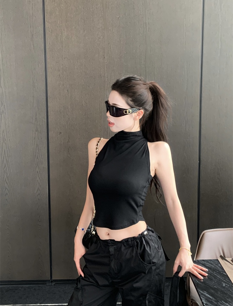 Sleeveless Korean style T-shirt half high collar slim tops