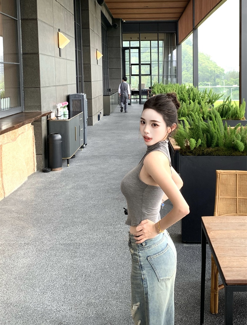 Sleeveless Korean style T-shirt half high collar slim tops