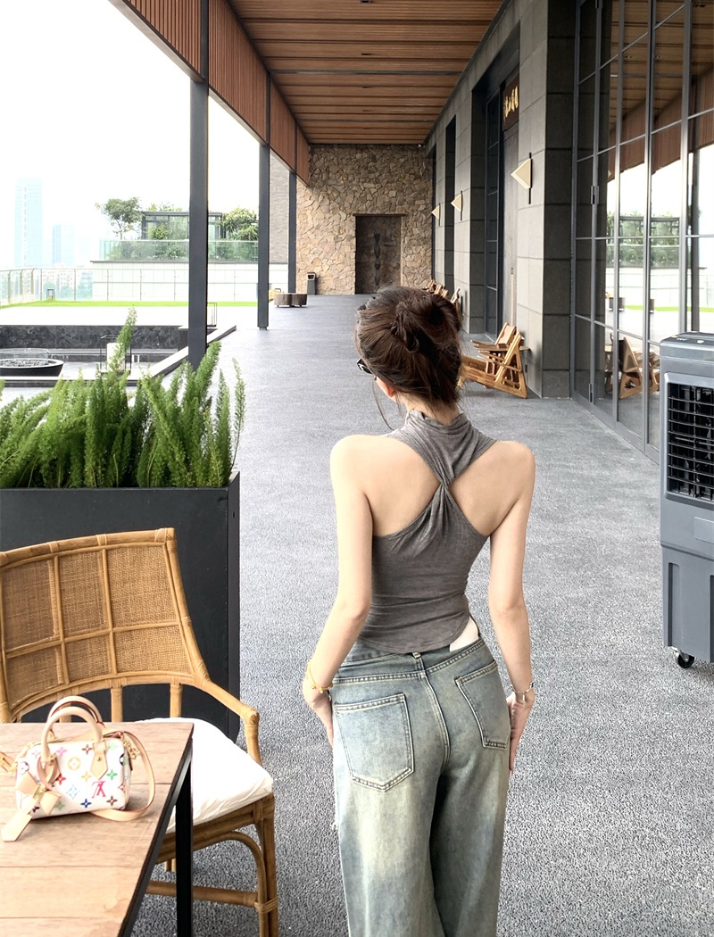 Sleeveless Korean style T-shirt half high collar slim tops