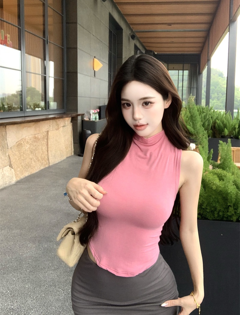 Sleeveless Korean style T-shirt half high collar slim tops