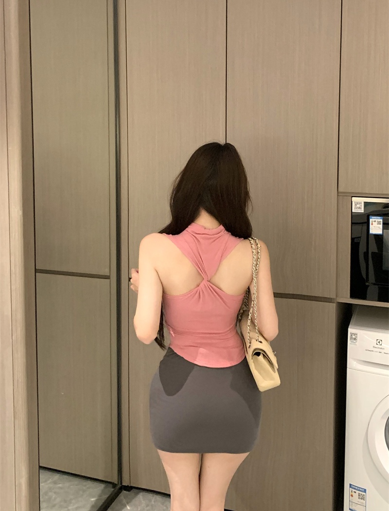 Sleeveless Korean style T-shirt half high collar slim tops