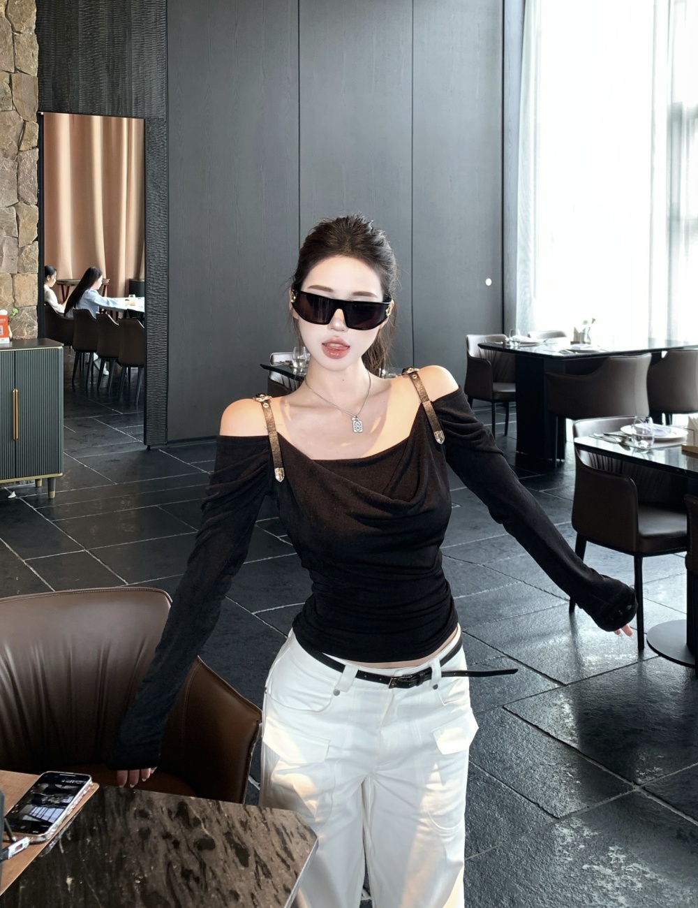Autumn long sleeve sling strapless spicegirl T-shirt
