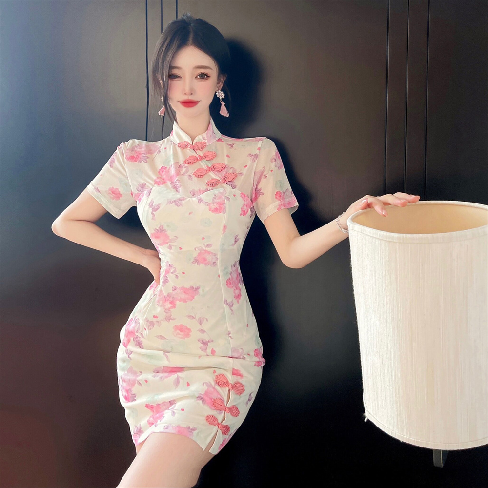 Printing gauze cheongsam retro slim dress
