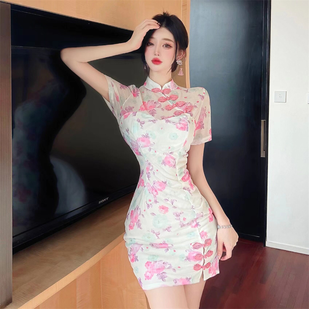 Printing gauze cheongsam retro slim dress