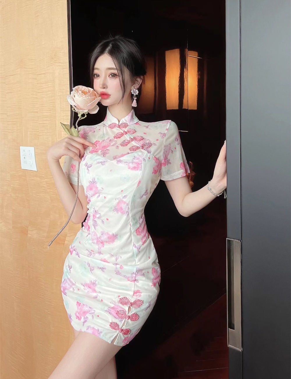 Printing gauze cheongsam retro slim dress
