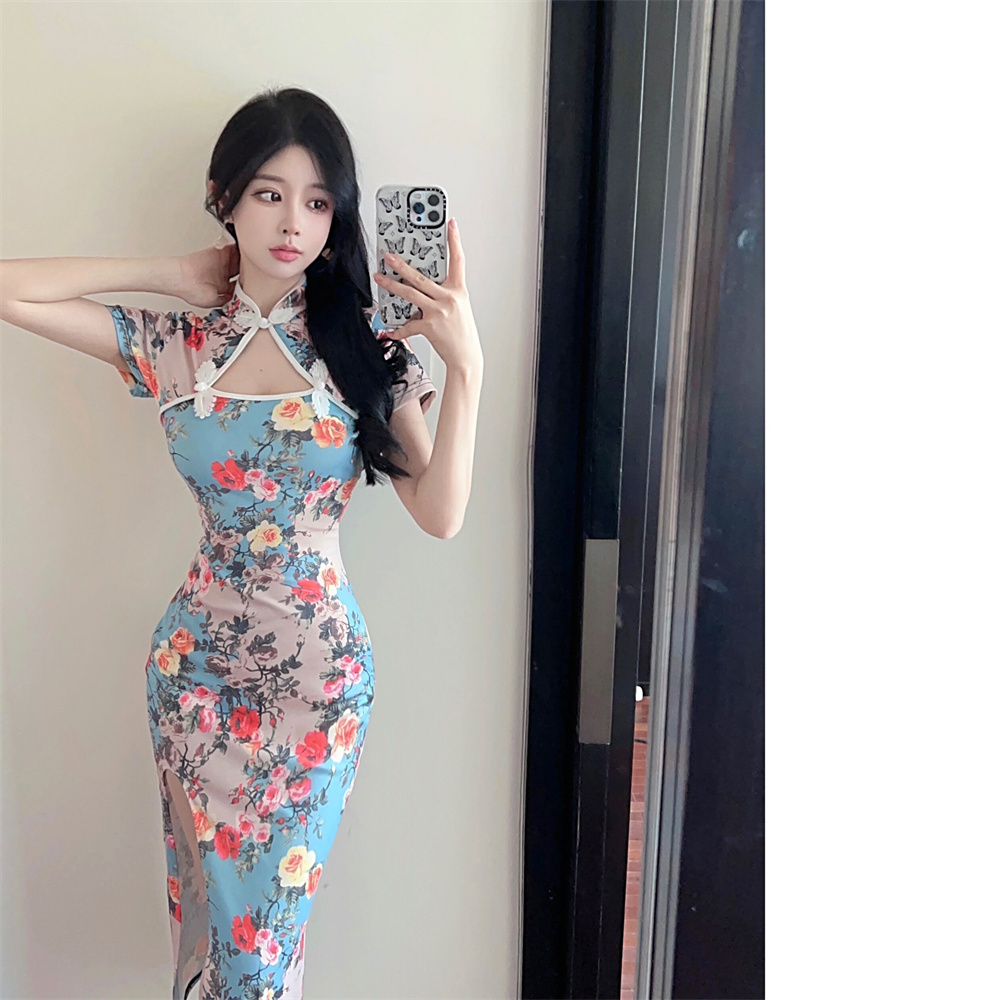 Printing split slim summer retro dress