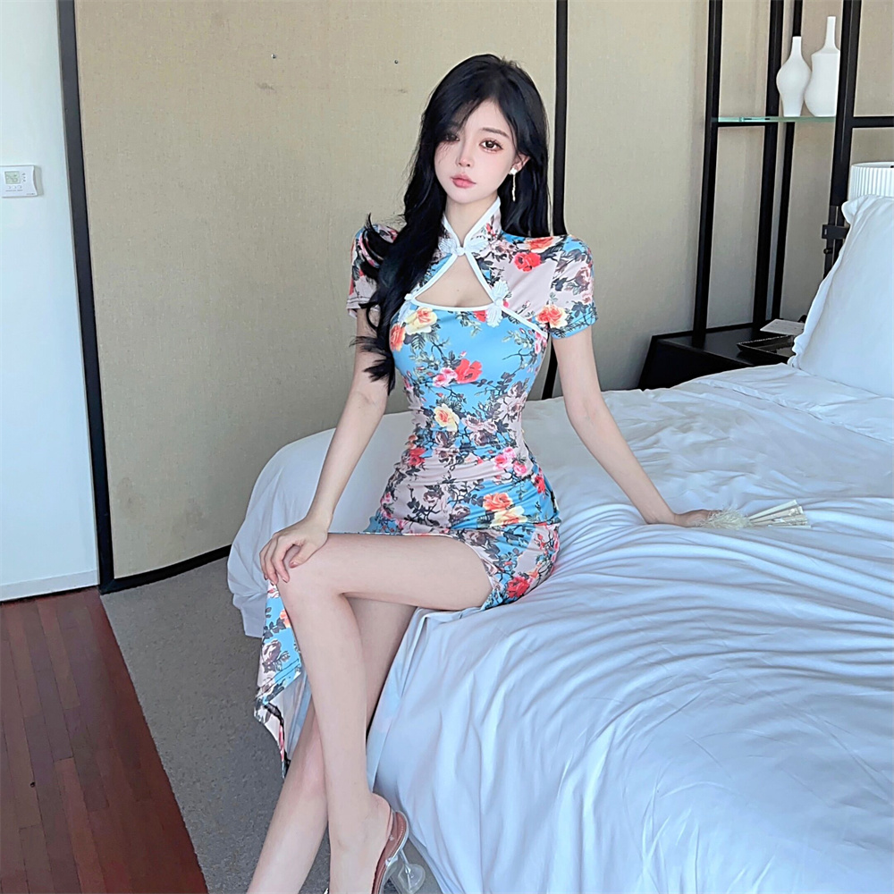 Printing split slim summer retro dress