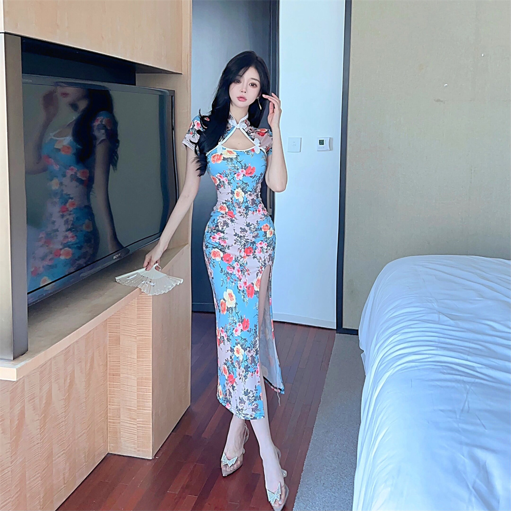 Printing split slim summer retro dress