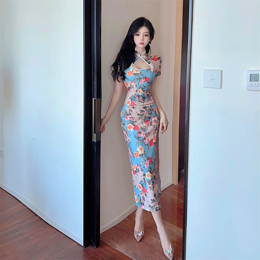 Printing split slim summer retro dress
