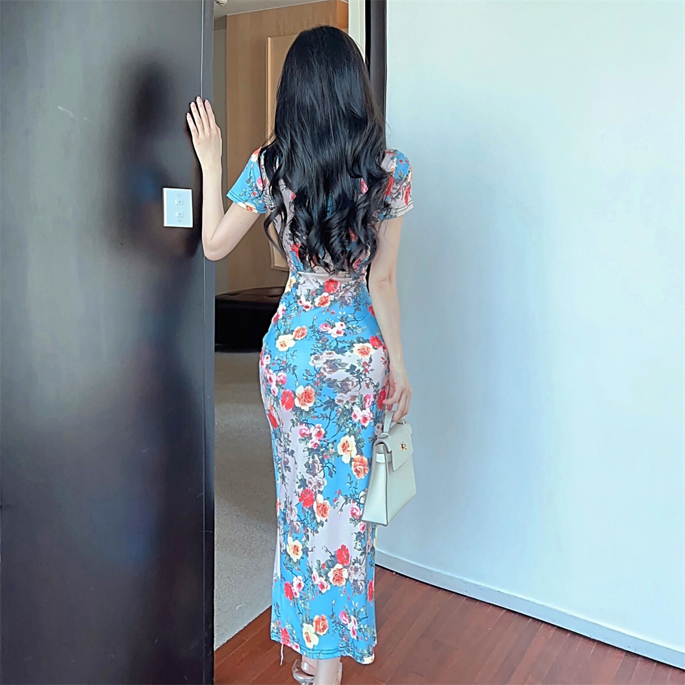 Printing split slim summer retro dress