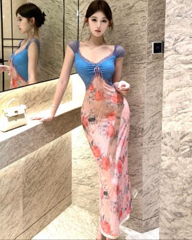 Summer splice slim lace printing dress