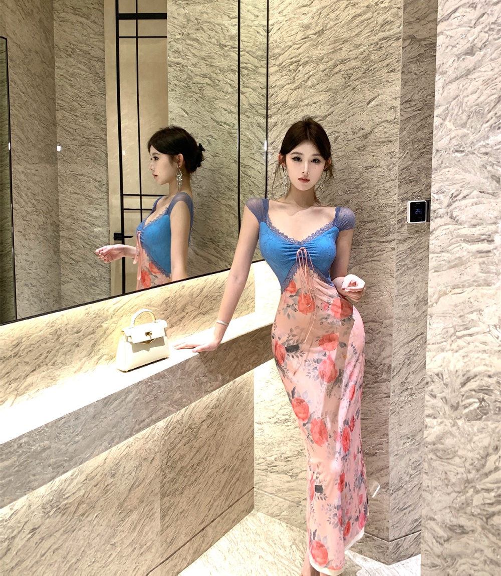 Summer splice slim lace printing dress