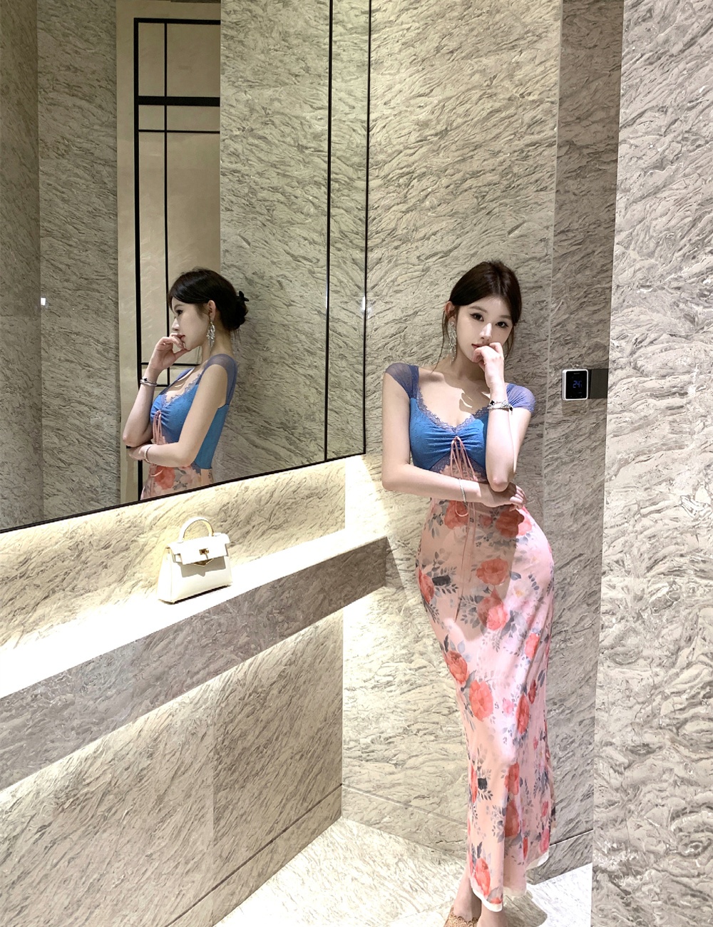 Summer splice slim lace printing dress
