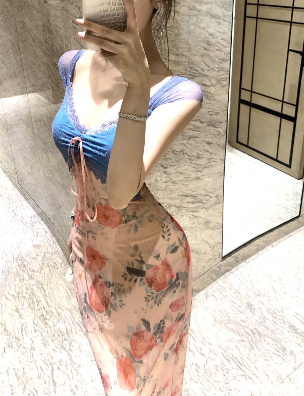 Summer splice slim lace printing dress