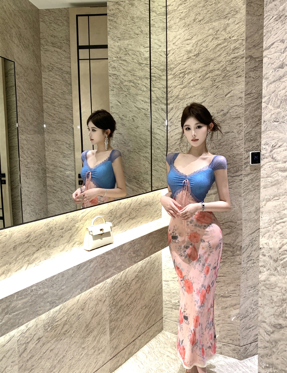 Summer splice slim lace printing dress