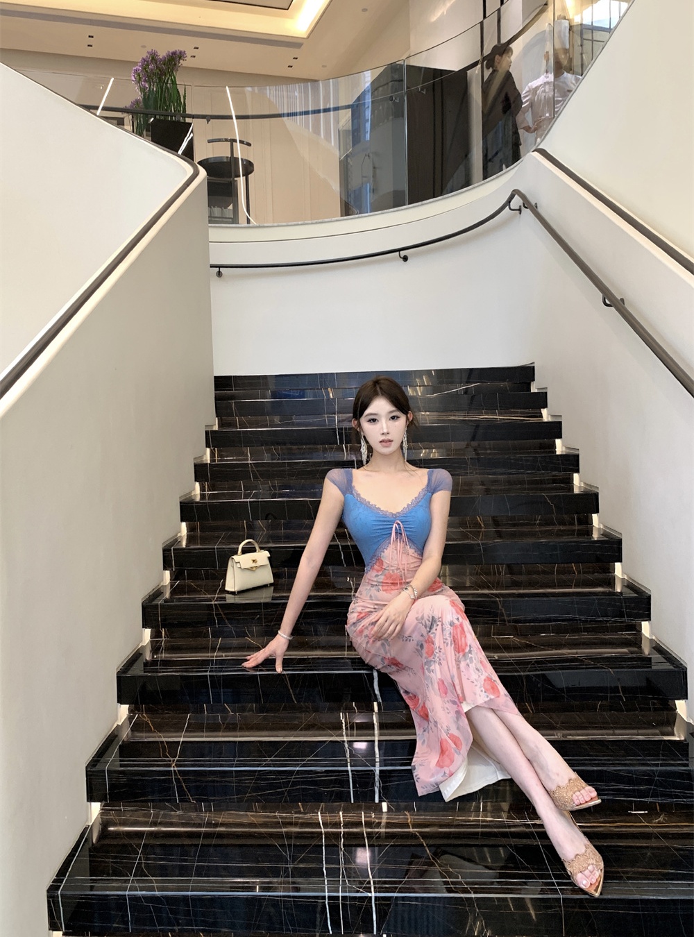 Summer splice slim lace printing dress