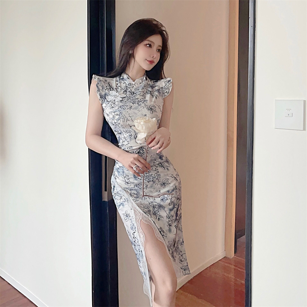 Lace slim split splice dress