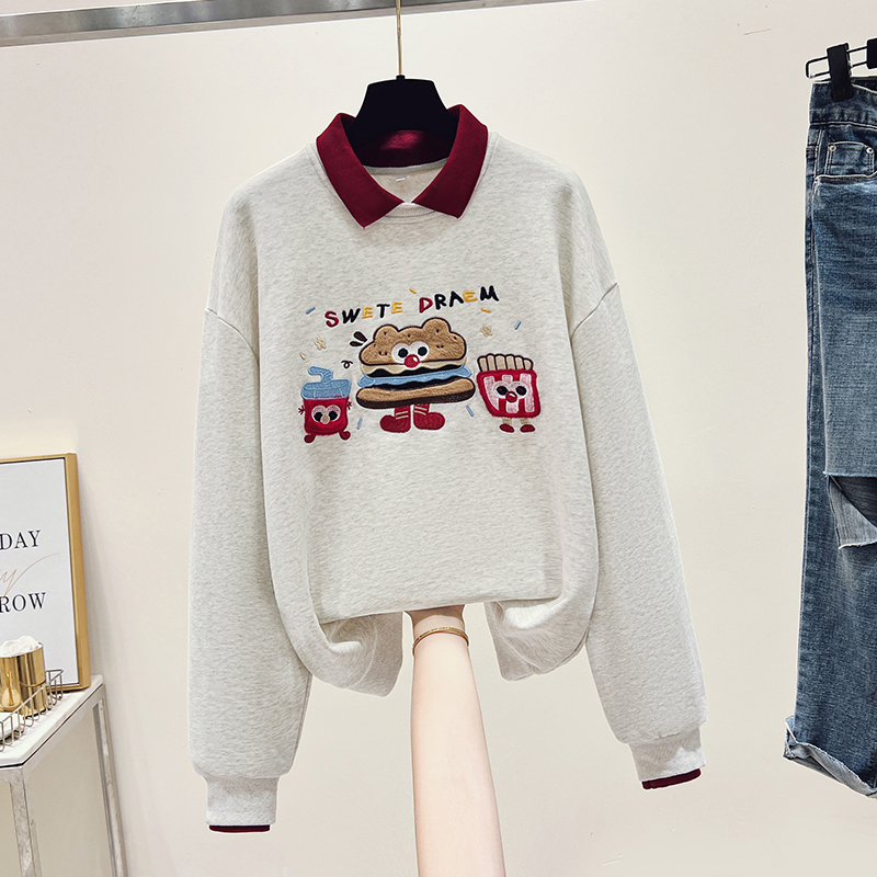 Gray lapel hoodie embroidery tops for women