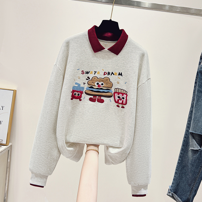 Gray lapel hoodie embroidery tops for women