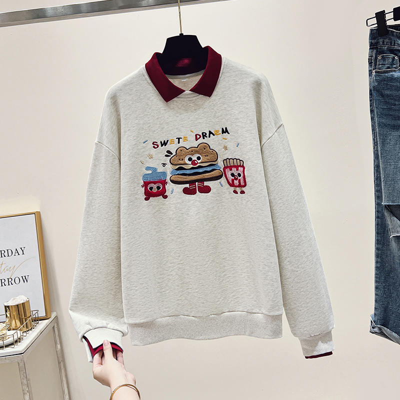 Gray lapel hoodie embroidery tops for women