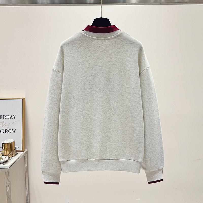 Gray lapel hoodie embroidery tops for women