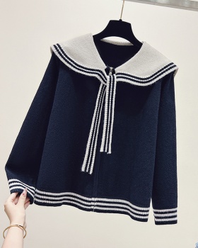 Navy collar coat mixed colors sweater for women