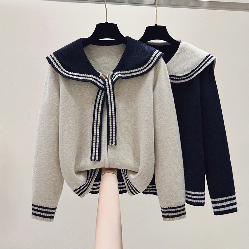 Navy collar coat mixed colors sweater for women