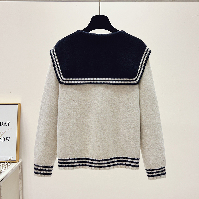 Navy collar coat mixed colors sweater for women
